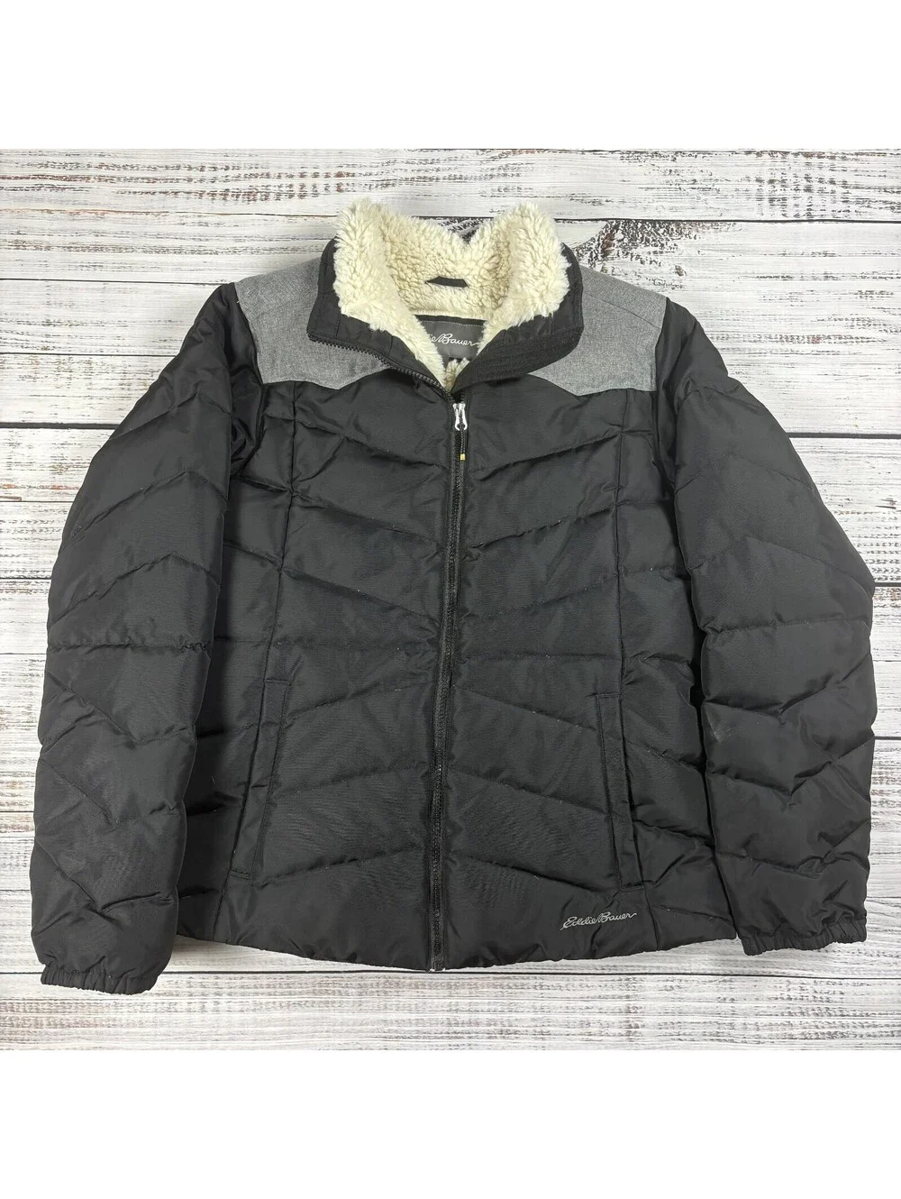 Eddie Bauer Puffer Jacket Sherpa Collar Womens Polyester Black Gray Size Large